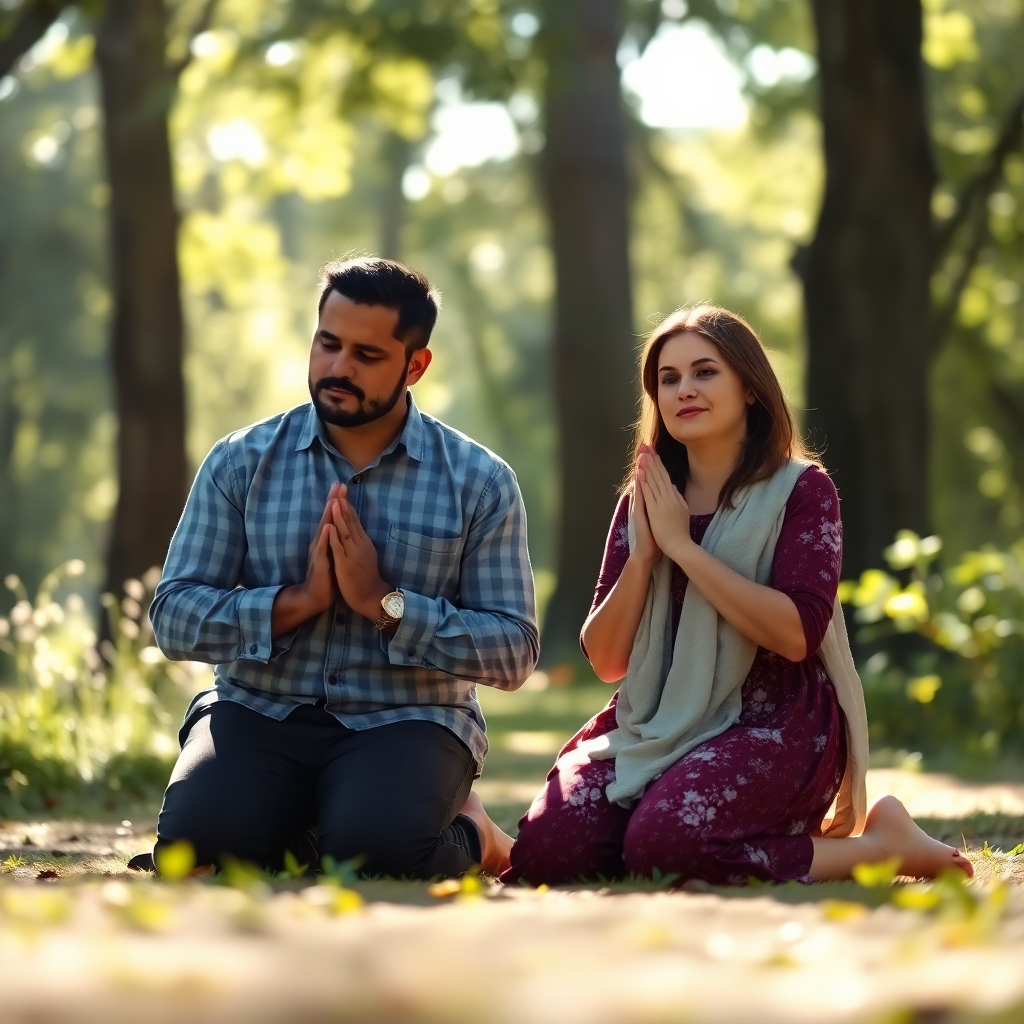 Una imagen fotorrealista de una pareja cristiana, arrodillada en oración, con las manos entrelazadas. Están en un entorno sereno y natural, tal vez un jardín tranquilo o un bosque apacible. La suave luz del sol se filtra a través de las hojas, creando una atmósfera relajante. Sus expresiones son tranquilas, pacíficas y esperanzadas. La imagen debe transmitir una sensación de unidad, confianza y fortaleza espiritual frente a los desafíos.