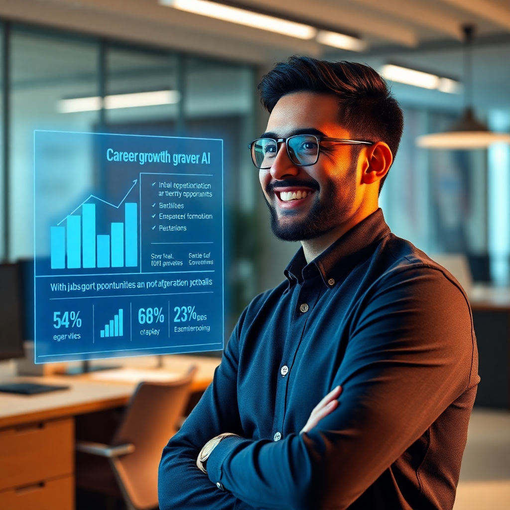 A photorealistic image of a confident person in a modern office setting, smiling and looking at a holographic projection showing career growth statistics and job opportunities related to AI. The background should subtly incorporate modern office technology and a professional atmosphere.