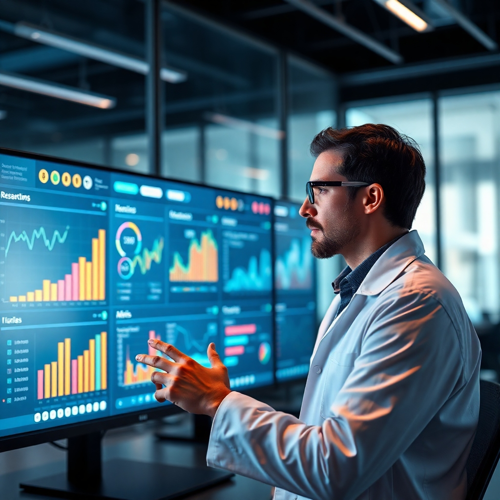Una imagen fotorrealista de un científico de datos o un profesional de marketing mirando una pantalla grande que muestra un panel dinámico con indicadores clave de rendimiento (KPI), gráficos y tablas de resultados de campañas de marketing. La escena debe estar ambientada en un espacio de oficina moderno y tecnológico, con una sensación de concentración y análisis.