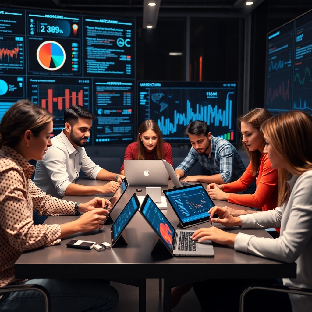 A photorealistic image of a diverse group of people collaborating around a table, using laptops and tablets to work on data analysis and machine learning projects. The background should showcase futuristic technology interfaces and graphs representing data analysis.