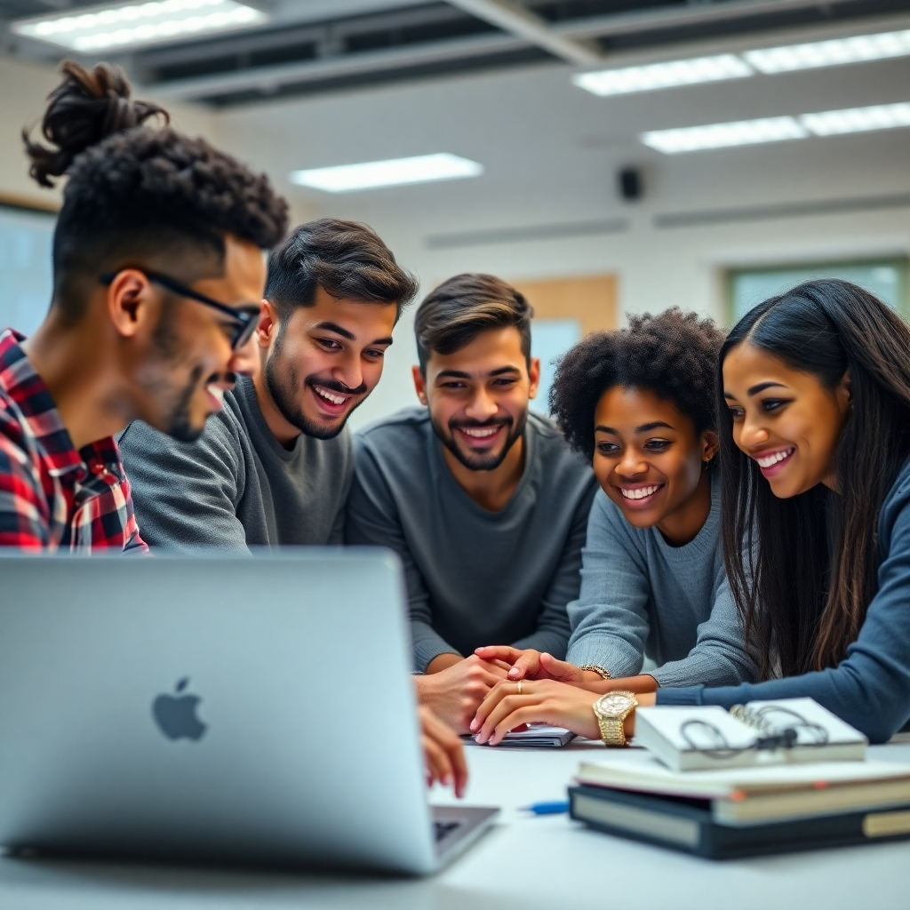 A photorealistic image of a diverse group of students collaborating on a laptop, working on a machine learning project.  The background shows a modern, bright classroom with interactive whiteboards and technology.  Focus on the students' engaged expressions and the project on the screen, which should visually represent a machine learning algorithm or data visualization.