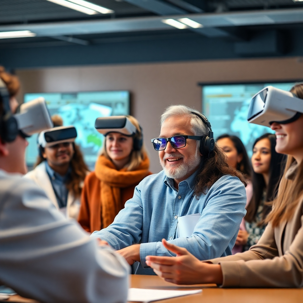 A photorealistic image of a diverse group of experienced professors teaching a class on artificial intelligence, using advanced technology such as VR headsets and interactive screens. Focus on creating a sense of collaboration between professors and students, with a technologically advanced classroom in the background. The professors should look friendly and approachable.