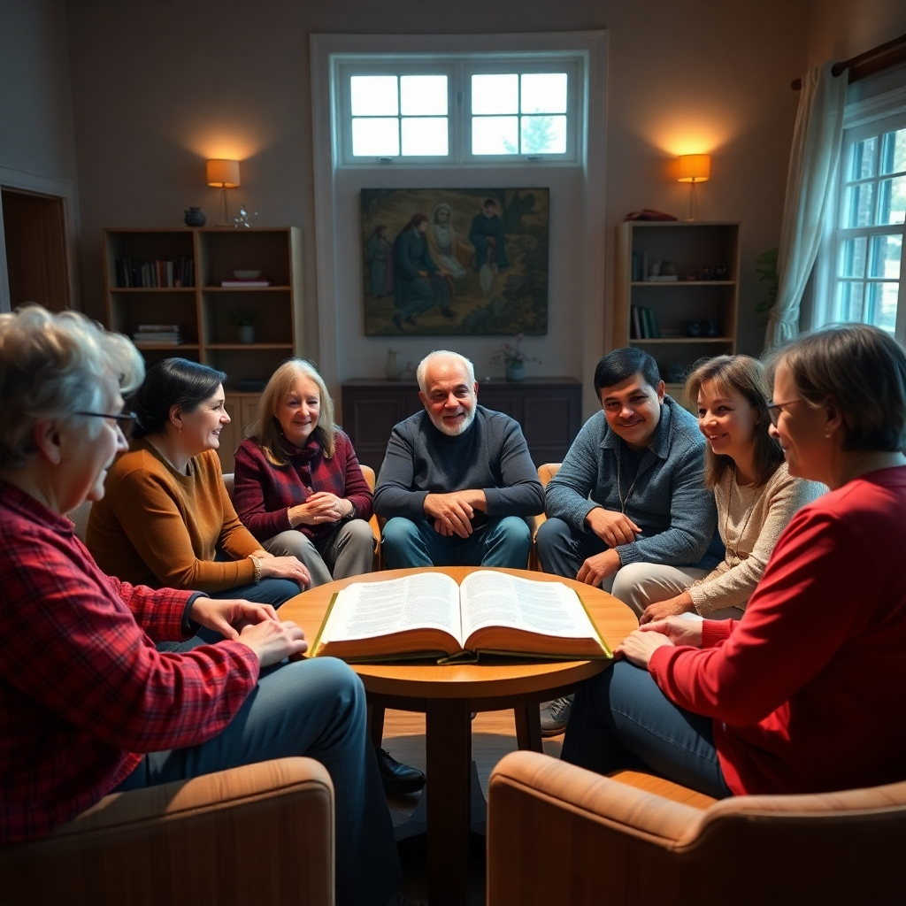 A photorealistic image of a diverse group of people of different ages and backgrounds sitting in a circle, engaged in a lively and respectful discussion.  They are in a bright, comfortable room with warm lighting, with Bibles open on the table in the center.  The overall mood is one of friendly engagement and spiritual growth. High detail, sharp focus, cinematic lighting