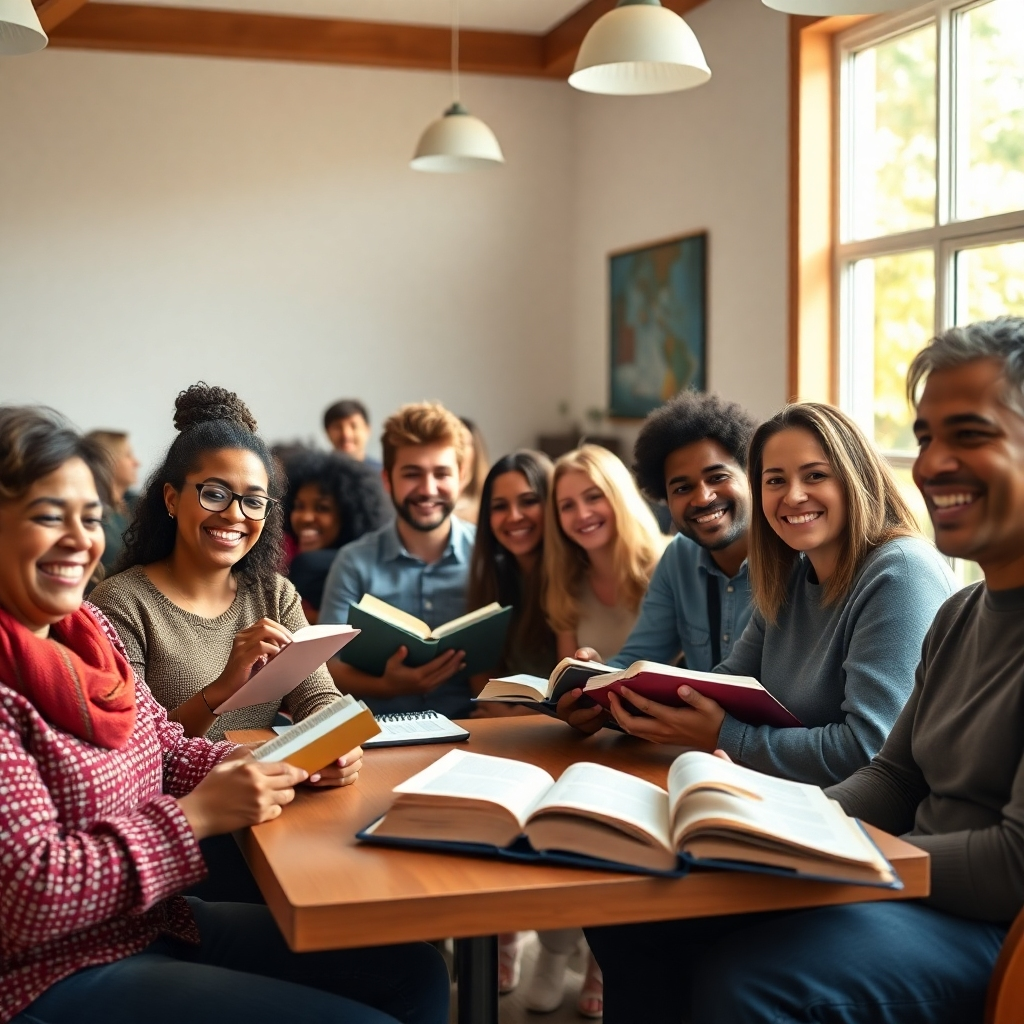 A photorealistic image of a diverse group of people, smiling and engaged in a lively bible study group in a bright, welcoming classroom setting.  Books, bibles, and notebooks should be visible. The scene should portray a sense of community and fellowship. Natural light should stream in through large windows, creating a warm and inviting atmosphere.