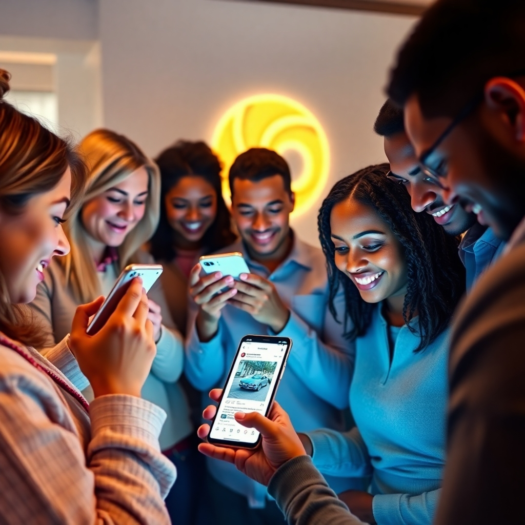 A photorealistic image of a diverse group of people actively engaging with a business's social media posts on their smartphones and laptops. The background should subtly showcase the business's logo and branding.  The image should convey a sense of community and positive interaction.