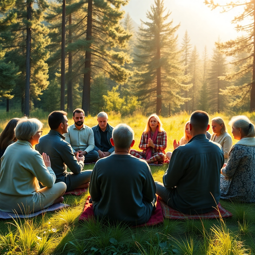 A photorealistic image of a diverse group of people, men and women of different ages, sitting in a circle in a serene natural setting like a forest clearing or mountain meadow, with a peaceful and contemplative atmosphere.  They are engaged in prayer or meditation, some with eyes closed, hands clasped, while sunlight streams through the trees. The overall feeling should be one of peace, unity, and spiritual renewal.