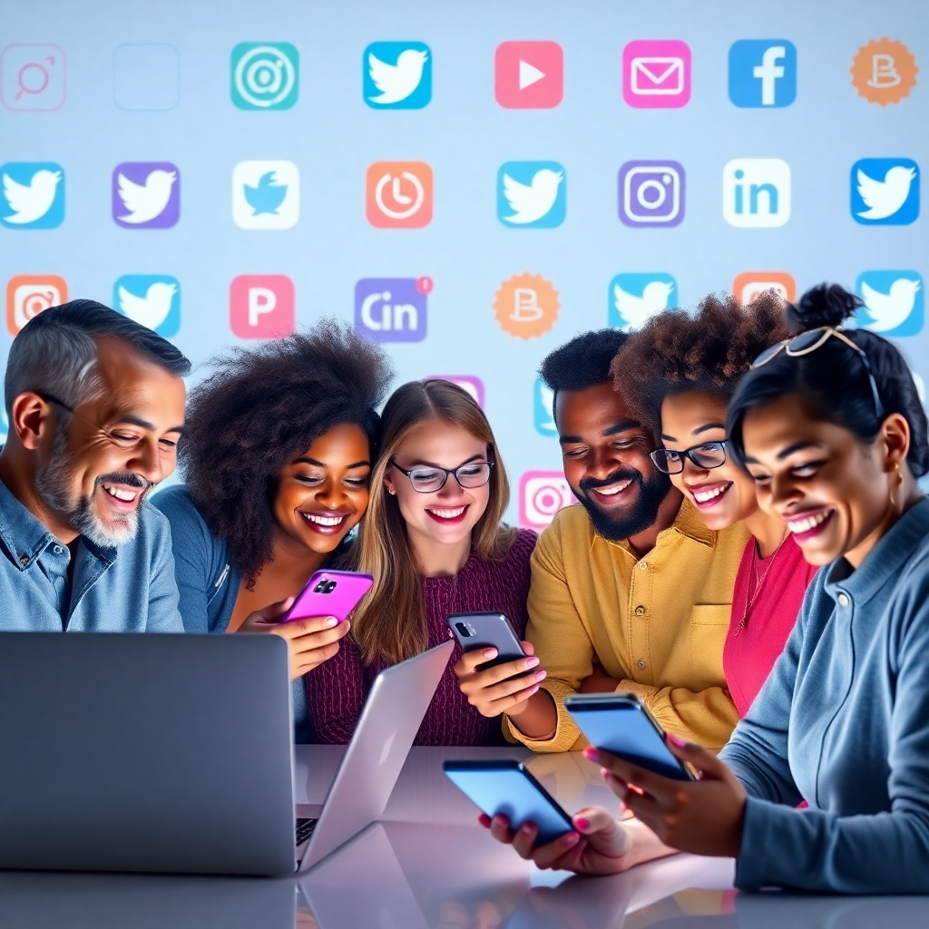 Una imagen fotorrealista de un grupo diverso de personas de diferentes edades y etnias que interactúan de manera positiva en varias plataformas de redes sociales desde sus teléfonos inteligentes y computadoras portátiles, con una iluminación brillante y una estética moderna y limpia. El fondo debe mostrar sutilmente logotipos de redes sociales populares.