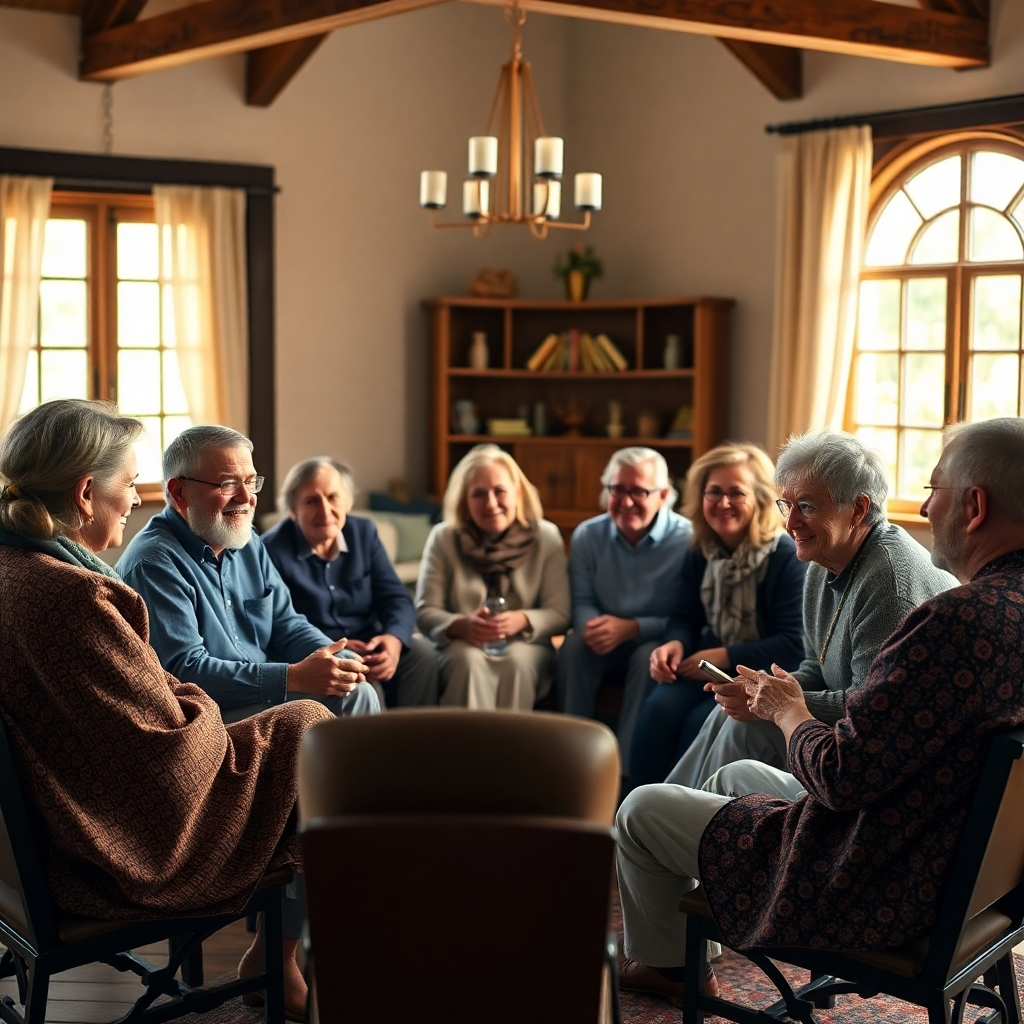  A photorealistic image of a diverse group of people of different ages sitting in a circle, engaged in a lively discussion about religious topics. The setting could be a church hall, a home, or a cozy gathering spot. The image should capture the joy, intimacy, and feeling of community. They should be looking at each other, smiling, or actively listening. The light should be natural and warm, highlighting the positive interactions.