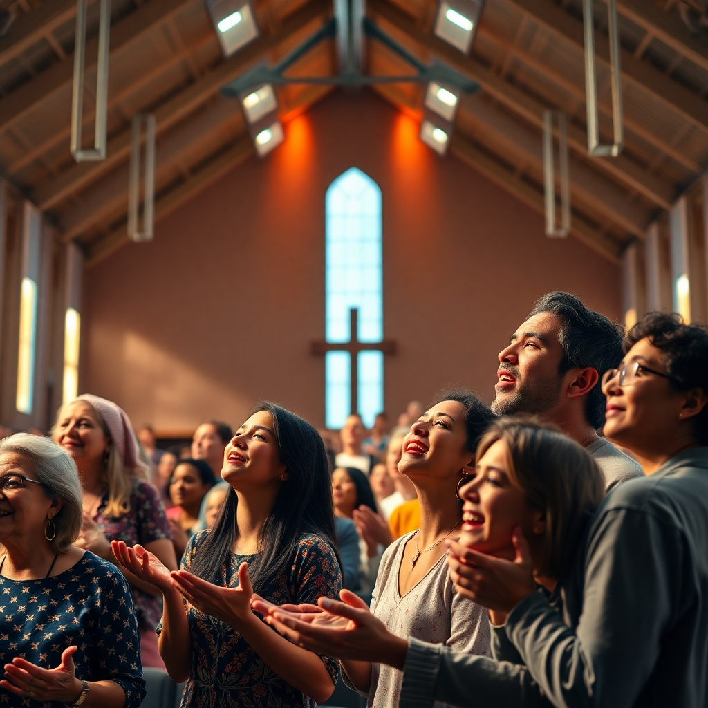 A photorealistic image of a diverse congregation of people of all ages joyfully singing and worshipping together in a modern, brightly lit church sanctuary.  The image should feel warm, welcoming and full of life.  Focus on genuine expressions of faith and community.  High-resolution, cinematic lighting.