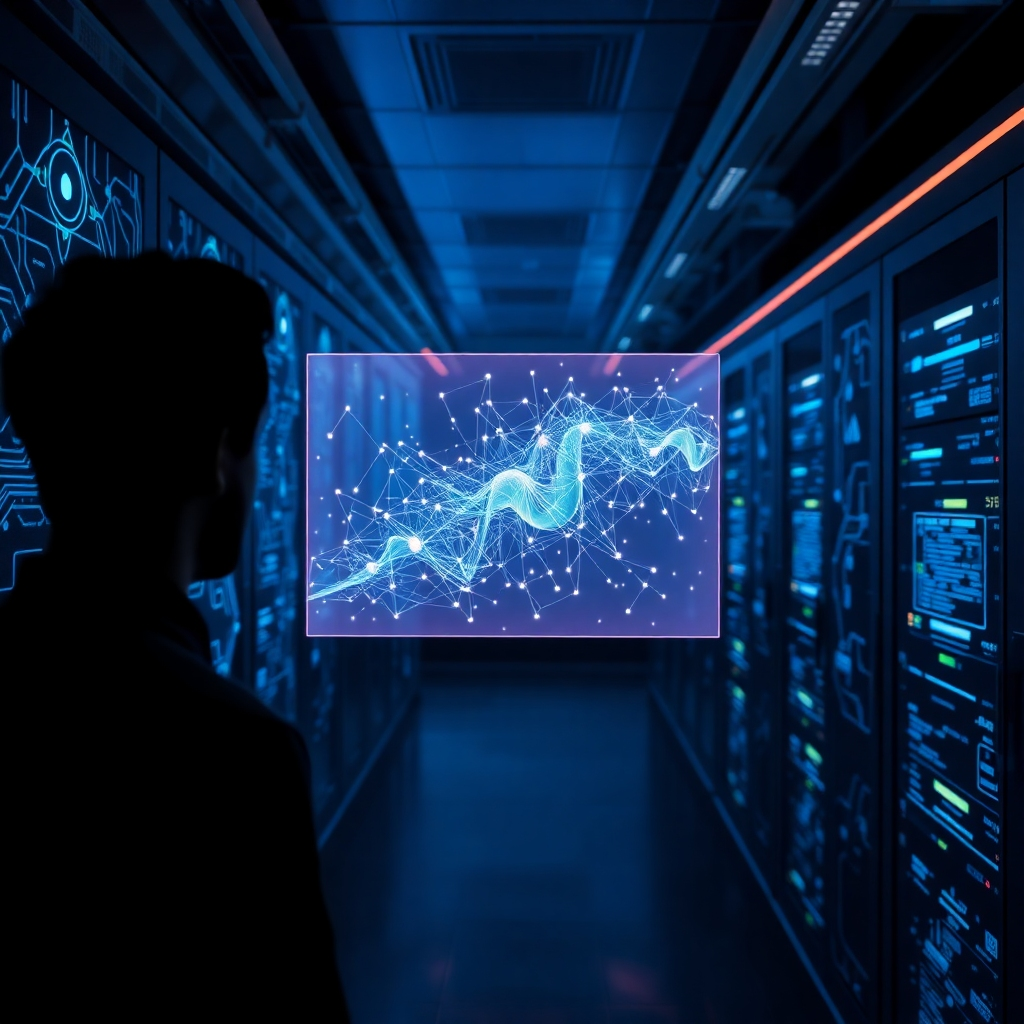 A photorealistic image of a futuristic-looking server room with complex network diagrams projected onto the walls.  In the foreground, a person is looking at a holographic display showing a neural network model visualizing the processing of large amounts of data. The overall mood is one of technological advancement and complexity.