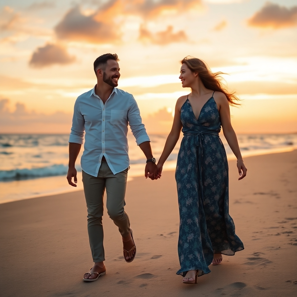 Una imagen fotorrealista de una feliz pareja cristiana, de la mano, caminando por una playa al atardecer. El océano está en calma, el cielo está lleno de colores cálidos y la atmósfera general es serena y romántica. La pareja está vestida de manera informal pero elegante. La imagen debe transmitir una sensación de paz, alegría y compromiso con su relación y su fe.