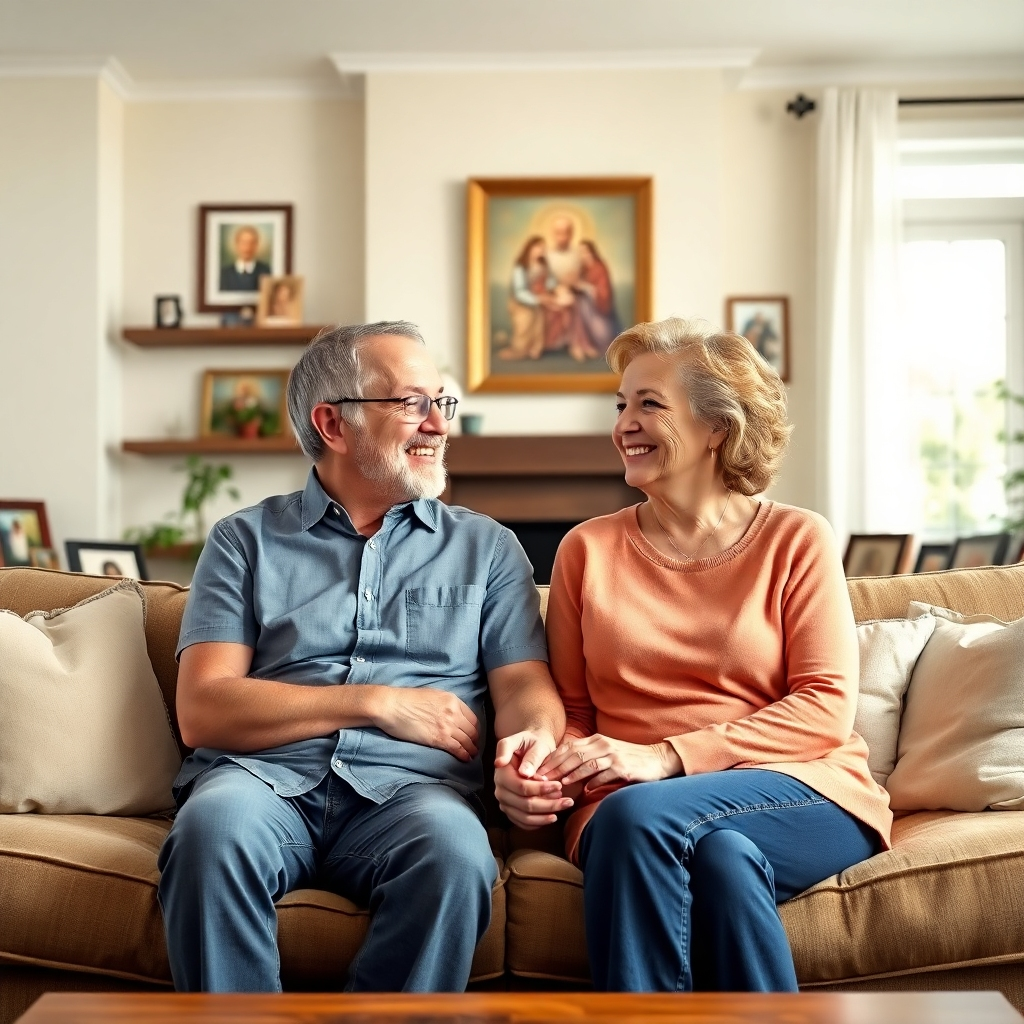 Una imagen fotorrealista de una feliz pareja cristiana, de unos 40 años, tomada de la mano y sonriendo cálidamente el uno al otro. Están sentados en un cómodo sofá en una sala de estar bien iluminada, rodeados de fotos familiares y obras de arte religiosas. El ambiente es tranquilo y amoroso. El estilo debe ser similar al de una foto de portada de revista, con alta resolución y detalles nítidos.