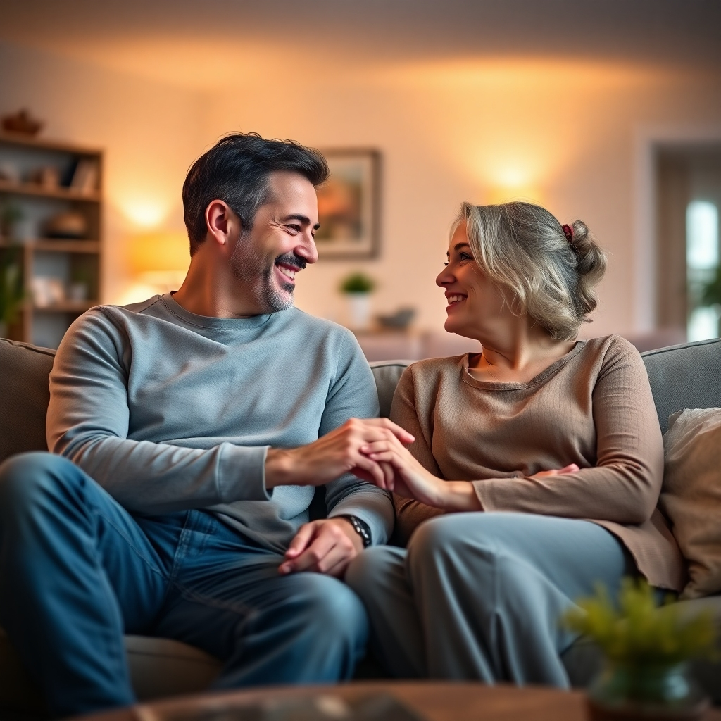 Una imagen fotorrealista de una feliz pareja cristiana, un hombre y una mujer, sentados en un sofá, profundamente enfrascados en una conversación amorosa y sincera. Se sonríen cálidamente el uno al otro, tomados de la mano. El entorno es una sala de estar acogedora y bien iluminada, con una iluminación suave y cálida. El fondo está difuminado para enfatizar a la pareja. El ambiente general es de paz, intimidad y conexión genuina.