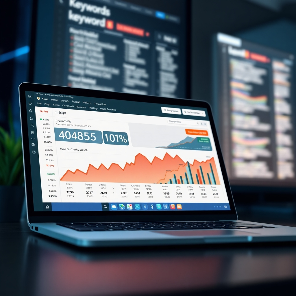 Una imagen fotorrealista de una computadora portátil que muestra un panel de análisis de sitios web que muestra cifras altas de tráfico orgánico, con palabras clave resaltadas en el fondo. El ambiente general debe ser de éxito y crecimiento. La imagen debe ser nítida, limpia y bien iluminada, con un aspecto y una sensación profesionales. Incluya elementos como cuadros, gráficos y clasificaciones de palabras clave. La combinación de colores debe ser moderna y atractiva.