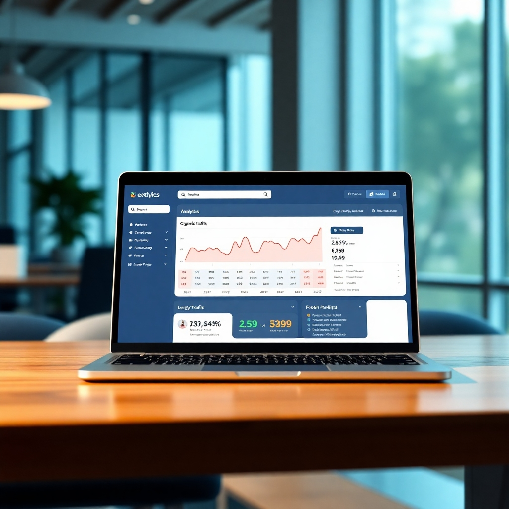 A photorealistic image of a laptop displaying a website analytics dashboard showing high organic traffic and top search engine rankings. The background should be a modern, minimalist office setting with natural light.