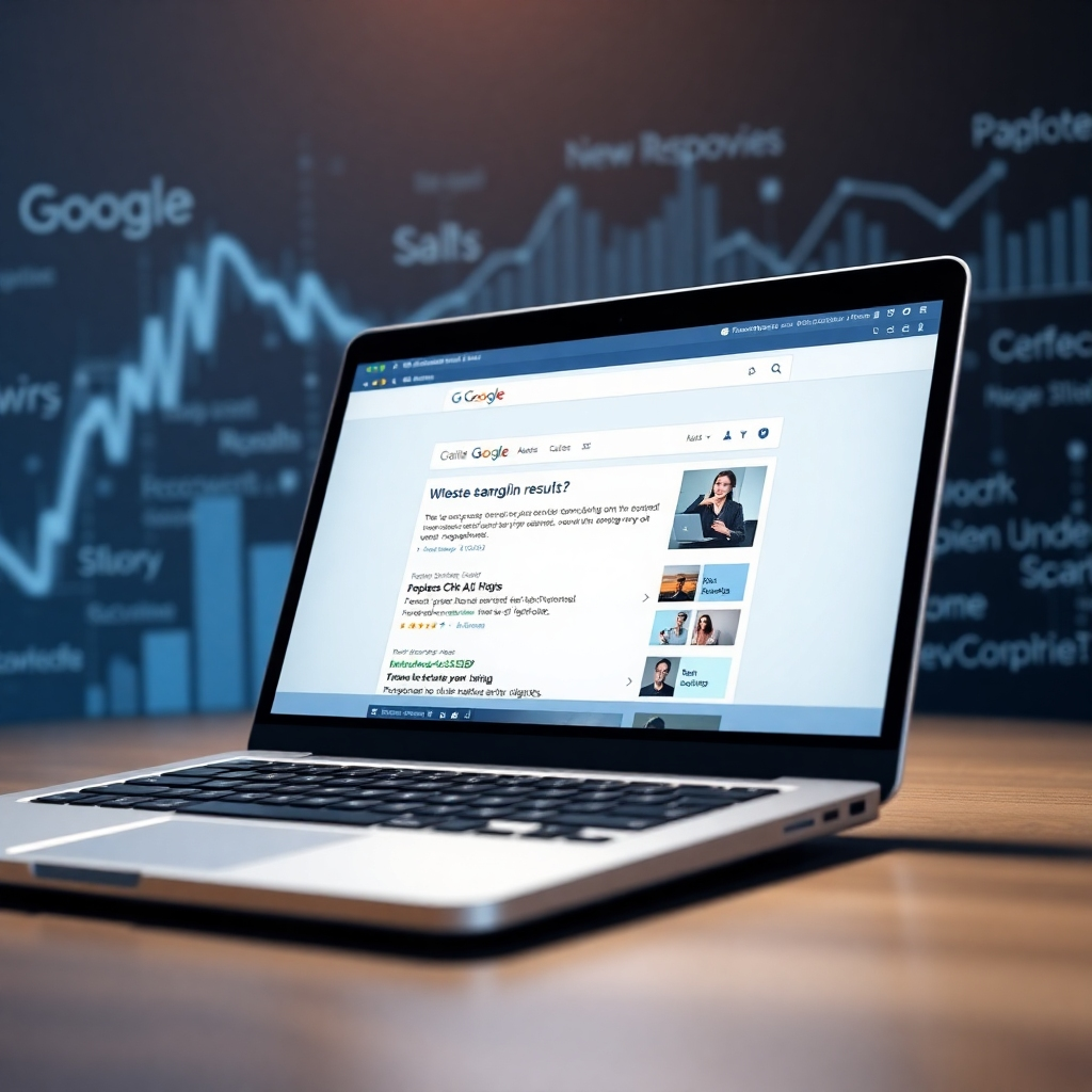 A photorealistic image of a laptop displaying a website ranking highly in Google search results. The website should be clean and modern, with clear calls to action.  The background should feature subtle graphics related to search engine optimization (SEO), such as keywords and search result snippets.  The overall mood should be professional and successful.