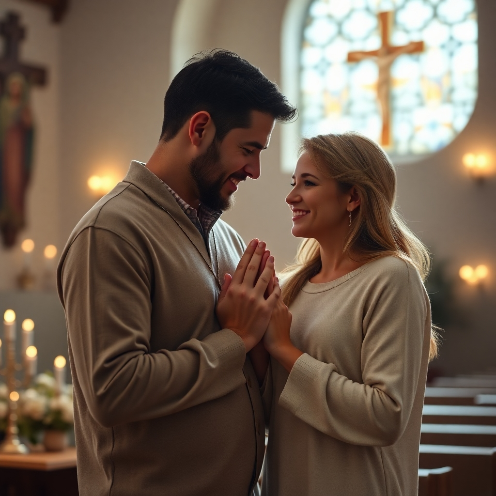  Una imagen fotorrealista de una pareja cristiana amorosa tomándose de la mano y rezando juntos, con una luz suave y cálida que los ilumina, posiblemente en una iglesia o en un hogar con una sutil iconografía religiosa de fondo. El foco debe estar en su conexión pacífica e íntima. Alta resolución, calidad 8k, iluminación cinematográfica.