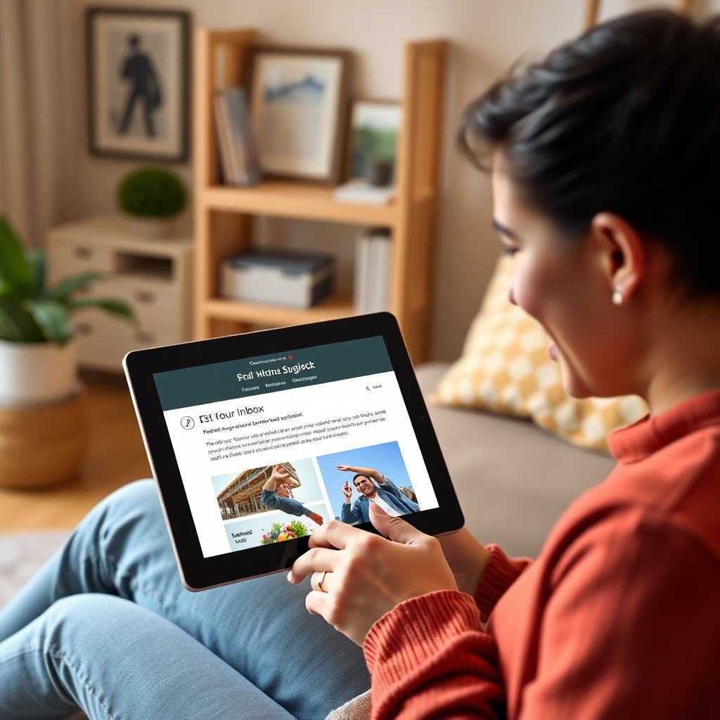 A photorealistic image of a person happily checking their inbox on a tablet, showcasing a well-designed email marketing campaign with a compelling subject line and engaging visuals. The background should be a comfortable and inviting home office setting.