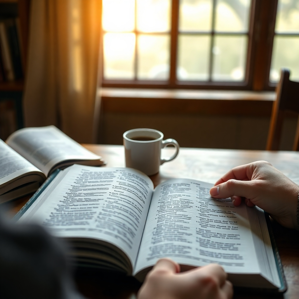  A photorealistic image of a person sitting at a wooden table with an open Bible, surrounded by books, a cup of coffee, and a soft, warm light. The Bible should be open to a specific passage with highlighted verses, conveying deep study and reflection. The background should be blurred slightly to focus on the Bible and the person. The overall mood should be peaceful, contemplative, and inviting.