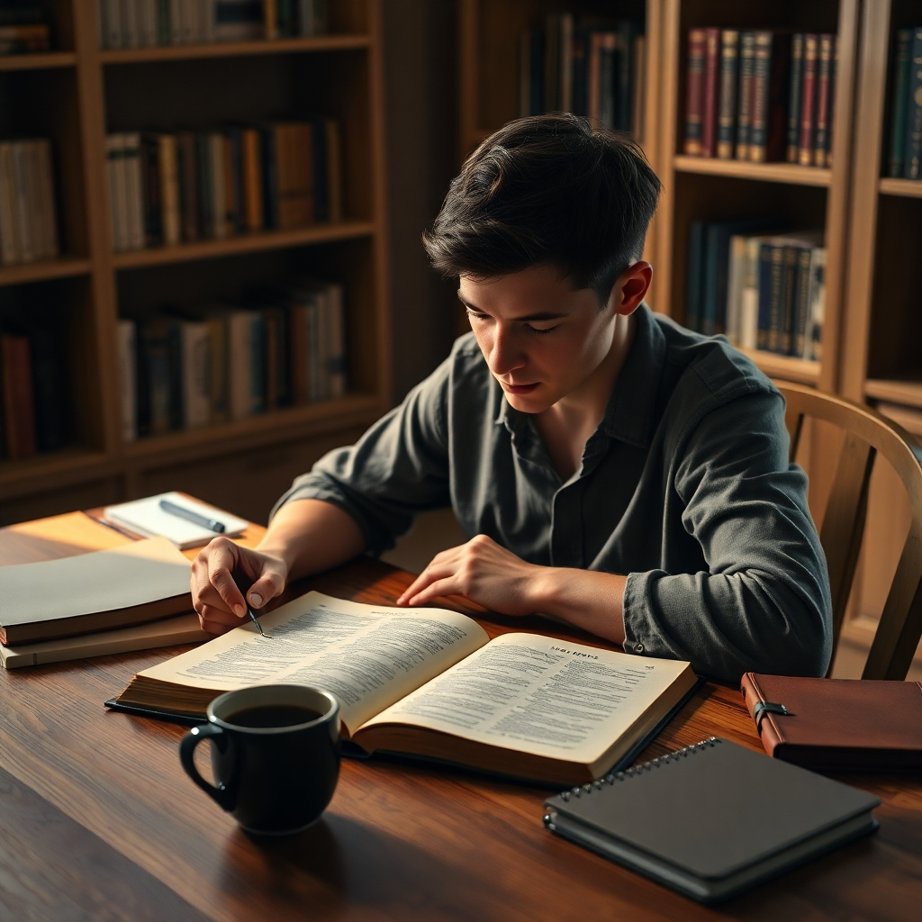 A photorealistic image of a person sitting at a wooden desk, surrounded by open Bibles, notebooks, and a cup of coffee, with a warm, inviting light illuminating the scene. The person is deeply engrossed in reading the Bible, with a thoughtful expression on their face.  In the background, a bookshelf with other books, suggesting a studious environment. High detail, sharp focus, cinematic lighting