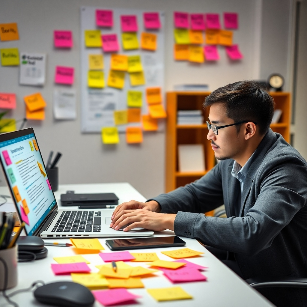 Una imagen fotorrealista de una persona sentada en un escritorio usando una computadora portátil, rodeada de notas adhesivas de colores con palabras clave y datos de investigación de mercado, que muestra un espacio de trabajo brillante y organizado. El ambiente general debe ser de productividad enfocada y descubrimiento profundo.