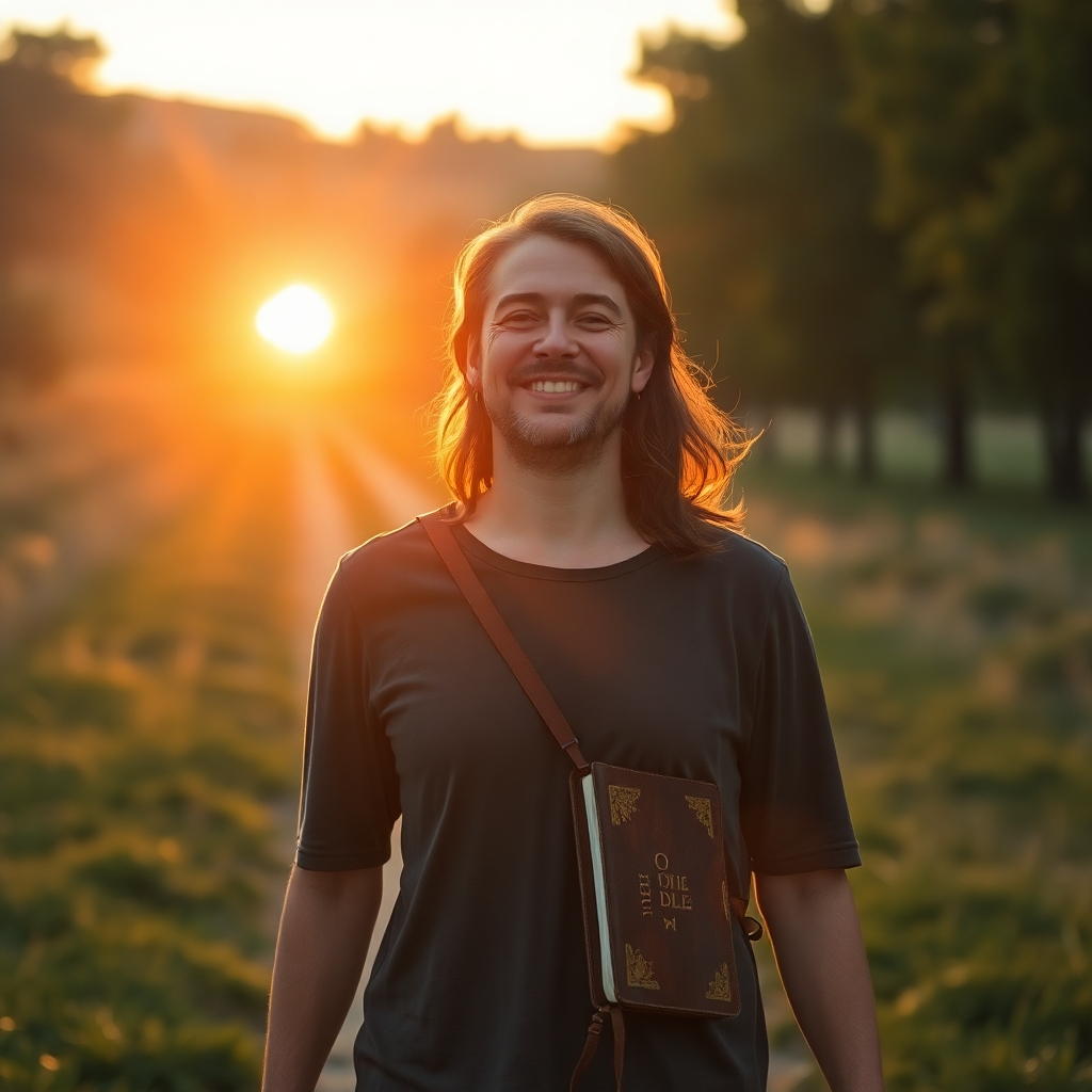 A photorealistic image of a person walking along a scenic path, bathed in sunlight, with a peaceful expression on their face.  The path leads toward a radiant sunrise or sunset.  The image should convey a sense of peace, hope, and spiritual renewal. The person is carrying a worn Bible. High detail, sharp focus, cinematic lighting