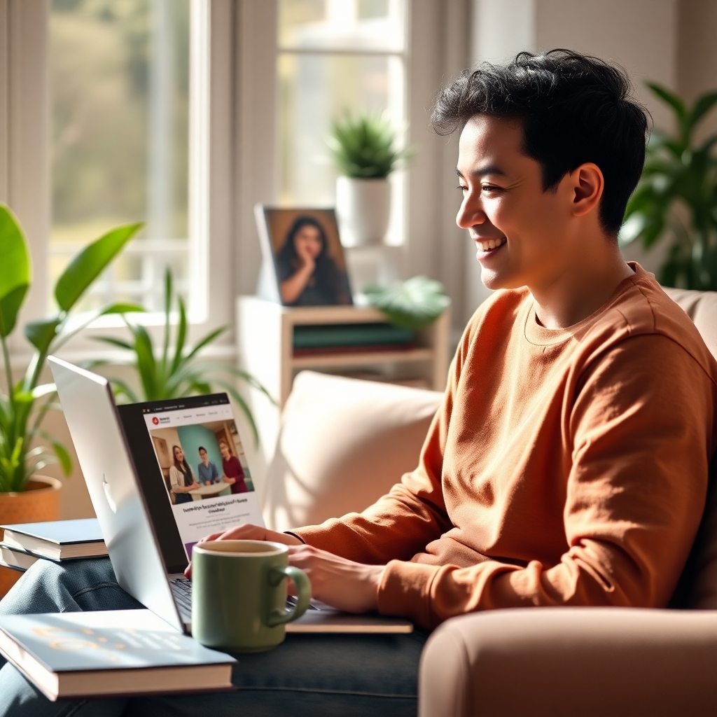 Imagen fotorrealista de una persona sonriendo y mirando la pantalla de una laptop, sentada cómodamente en una habitación soleada con plantas, libros y una taza de café cerca. La laptop muestra la interfaz de un curso en línea. El ambiente general debe ser tranquilo, relajado y acogedor.