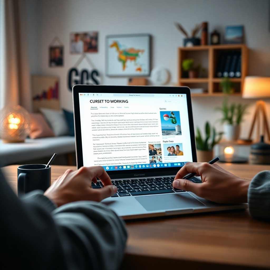 Una imagen fotorrealista de una persona escribiendo una entrada de blog en una computadora portátil, con imágenes y datos relevantes a su alrededor. La pantalla debe mostrar un artículo bien escrito con imágenes de alta calidad. El fondo debe ser un espacio de trabajo acogedor e inspirador. El ambiente debe ser de creatividad y productividad.