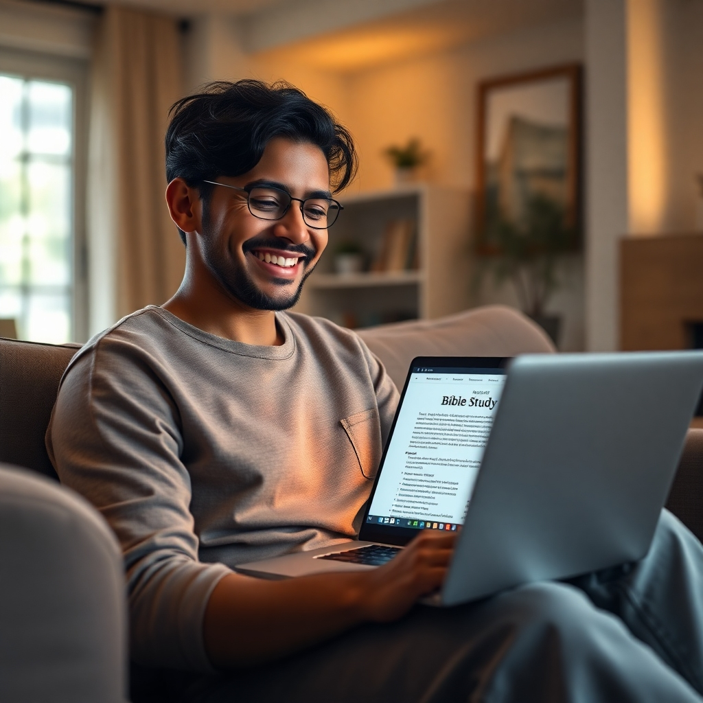 A photorealistic image of a person smiling, sitting comfortably on a couch in their living room with a laptop open showing a bible study website, surrounded by soft lighting and a warm, inviting atmosphere. The laptop screen should subtly display bible verses or relevant imagery.  The overall mood should be peaceful and serene.