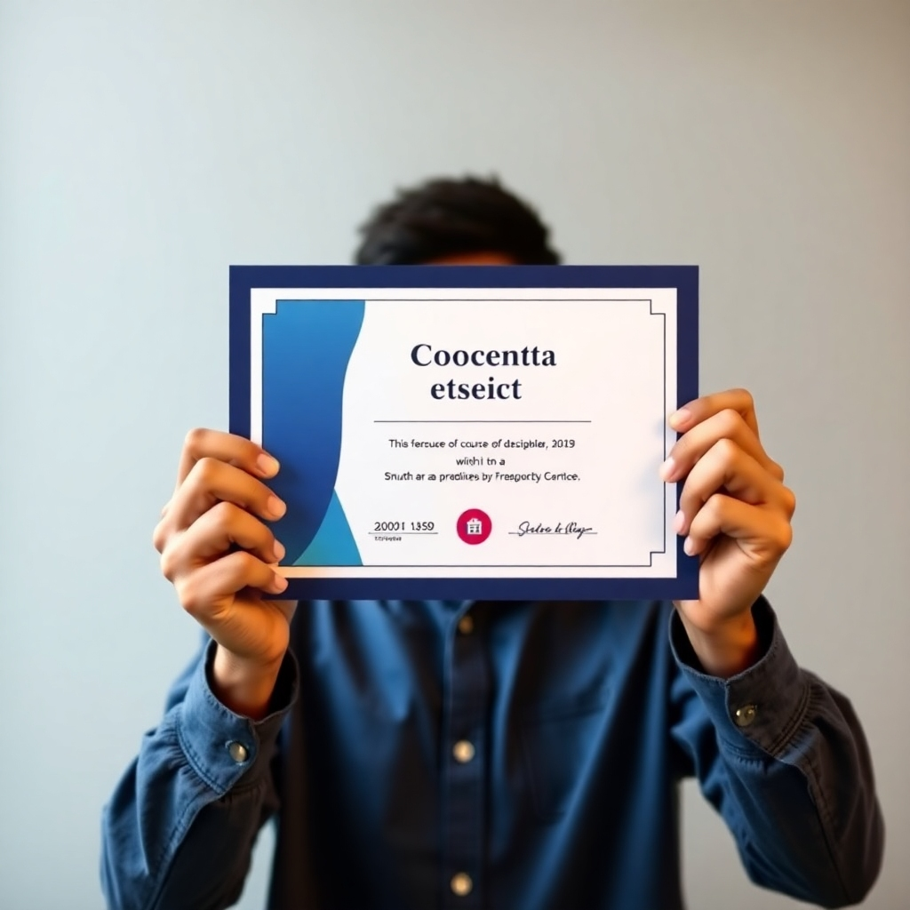 A photorealistic image of a person proudly holding a course completion certificate. The certificate should be well-designed, professional, and visually appealing. Focus on the feeling of accomplishment and achievement. 4k resolution