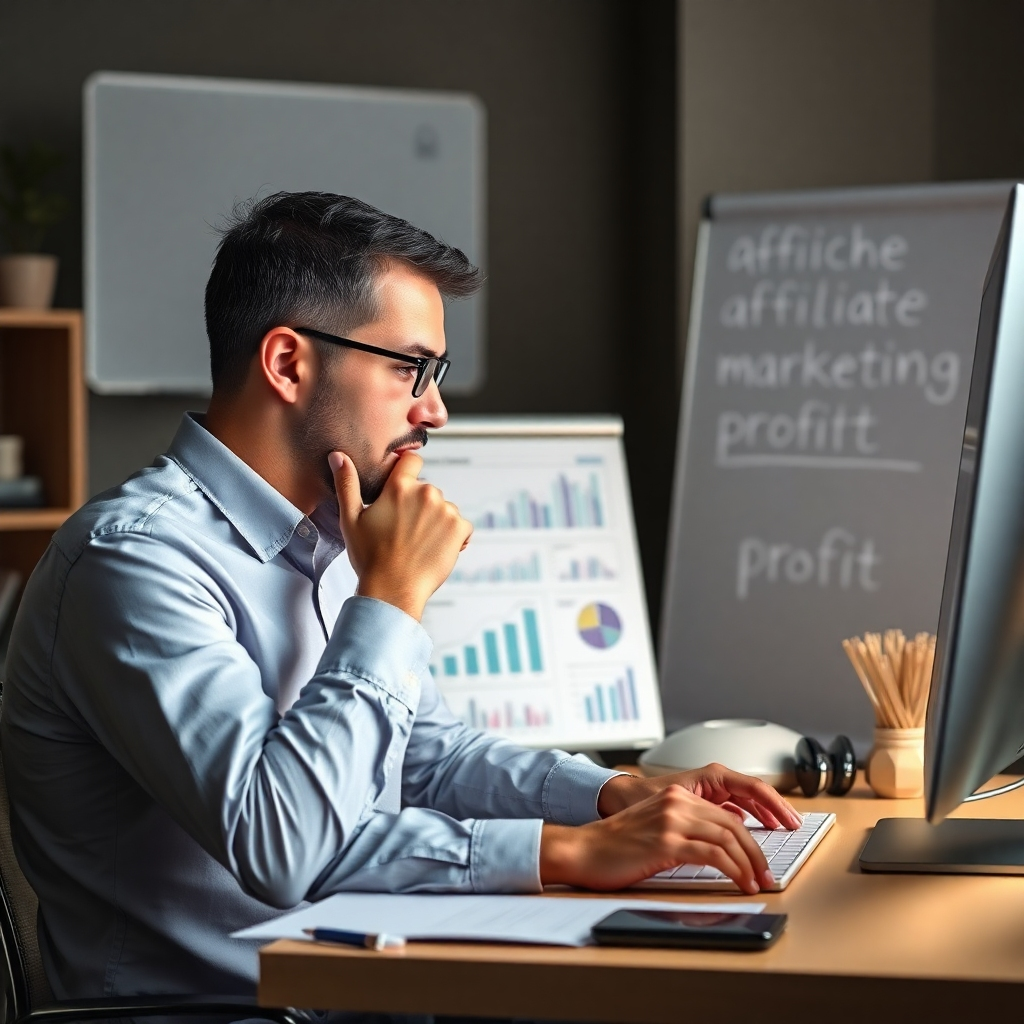 Una imagen fotorrealista de una persona sentada frente a una computadora, mirando atentamente gráficos y cuadros que muestran datos de investigación de mercado, con palabras clave como "nicho de mercado", "marketing de afiliados" y "ganancias" sutilmente expuestas en una pizarra cercana. El tono general debe ser de análisis concentrado y planificación estratégica.