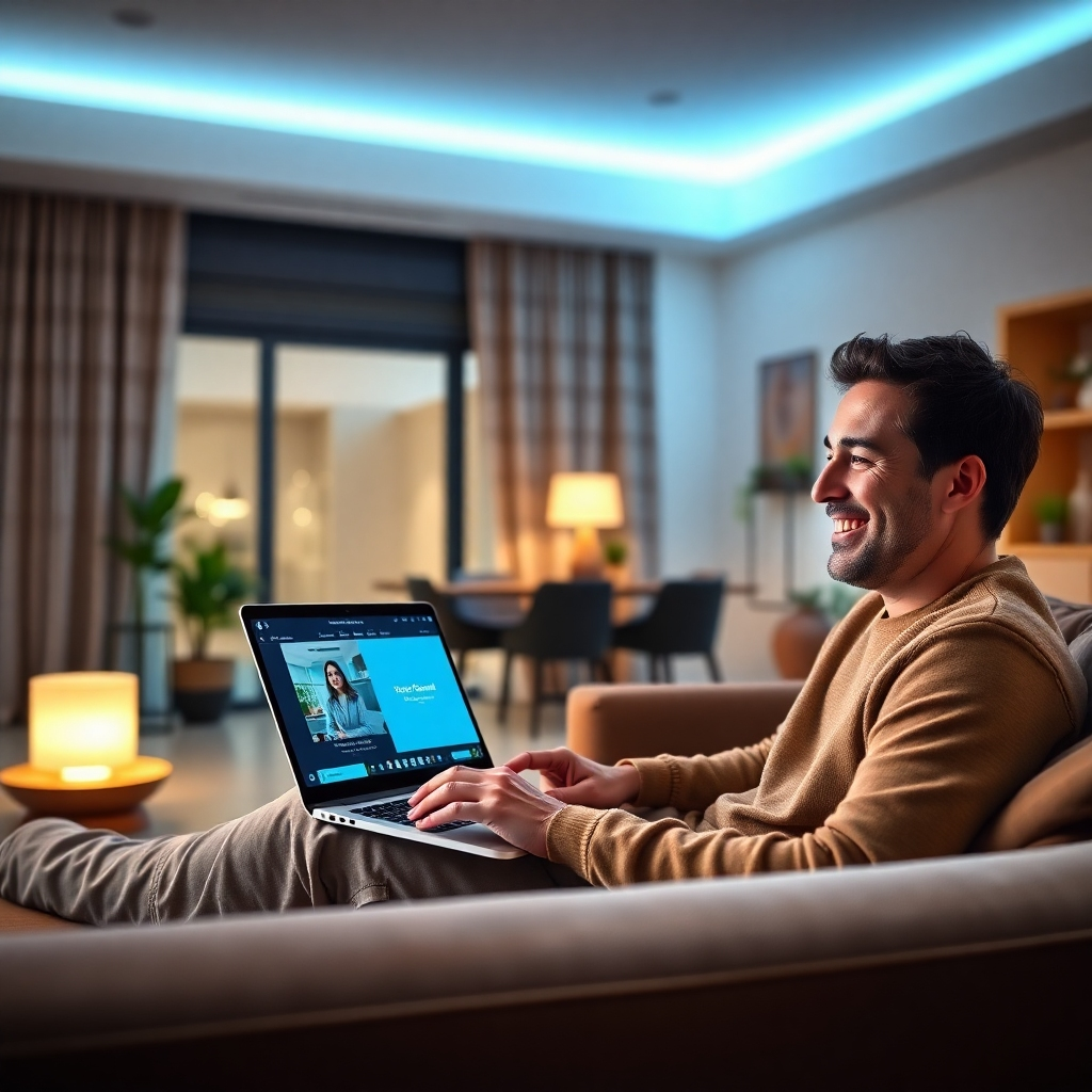 Una imagen fotorrealista de una persona sonriendo y mirando una laptop, sentada cómodamente en un sofá en una sala bien iluminada. La pantalla debe mostrar la interfaz de un curso en línea. El ambiente general debe ser relajado y acogedor, priorizando la comodidad y la practicidad.