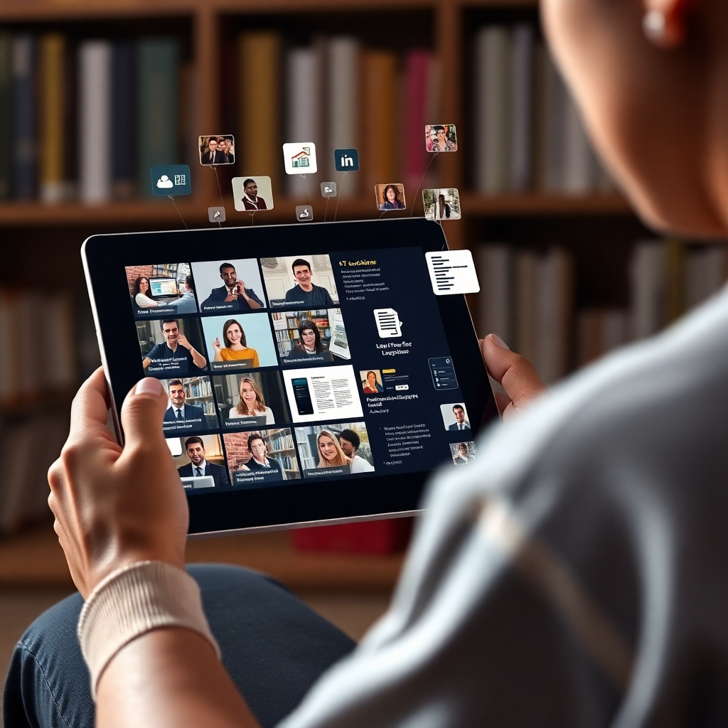 Imagen fotorrealista de una persona usando una tableta para acceder a diversos recursos de aprendizaje en línea, como videos, ejercicios interactivos, artículos y documentos descargables. La imagen debe resaltar la abundancia y accesibilidad de los materiales de aprendizaje.