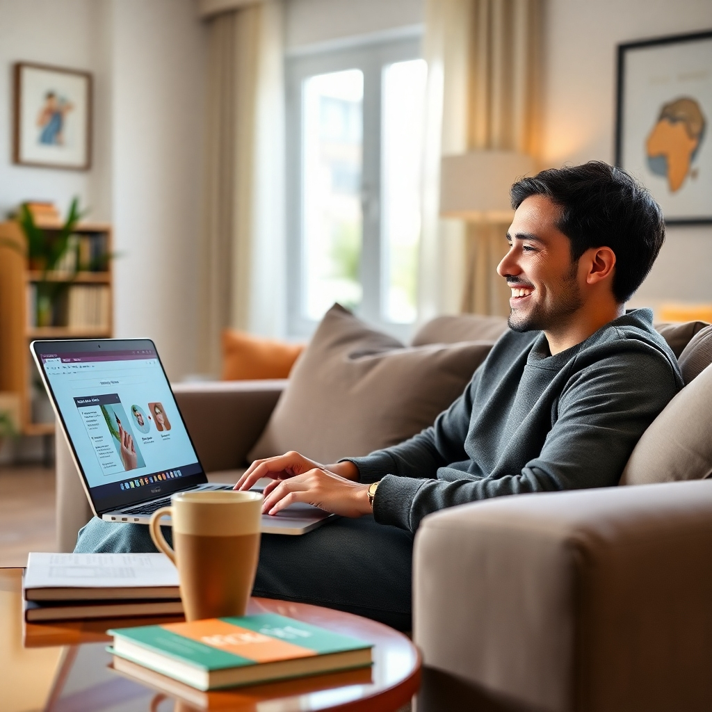 Imagen fotorrealista de una persona sonriendo y mirando una computadora portátil, sentada cómodamente en un sofá en una sala bien iluminada, con libros de texto y una taza de café en una mesita auxiliar. La pantalla de la computadora portátil debería mostrar la interfaz de un curso en línea.
