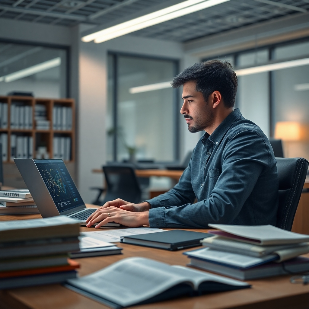 A photorealistic image of a person sitting at a desk, surrounded by books and papers about AI algorithms, machine learning, and neural networks.  The person should be looking thoughtfully at a laptop displaying a complex graph representing AI data. The background should be a bright, modern office.
