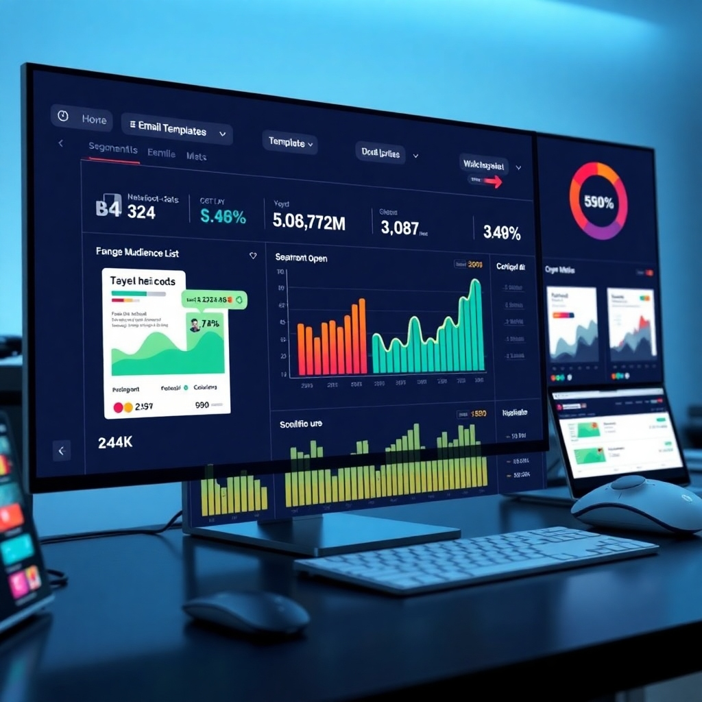 A photorealistic image of a professional email marketing dashboard with key metrics displayed.  The screen shows personalized email templates, segmentation of audience lists, and real-time email open and click-through rates. The overall image should communicate data-driven decision making, automation, and effective email campaign management. High resolution, detailed, bright lighting