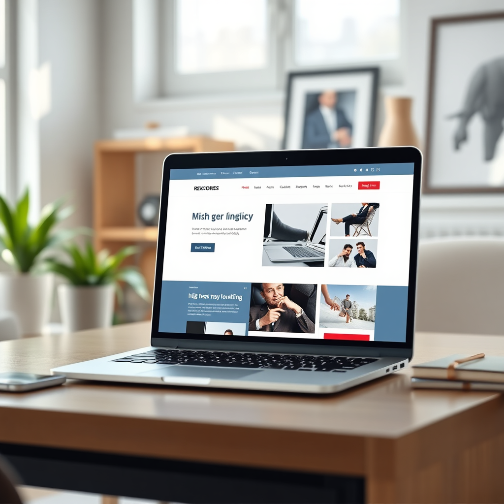 Imagen fotorrealista de un sitio web elegante y moderno, mostrada en la pantalla de una laptop de alta resolución. El sitio web presenta un diseño limpio, imágenes de alta calidad y llamadas a la acción claras. El entorno es una elegante oficina en casa con luz natural que entra a raudales por la ventana. La iluminación debe ser suave y acogedora, realzando el diseño del sitio web. La paleta de colores debe ser profesional y elegante, con tonos de blanco, gris y azul. El ángulo de la cámara debe ser ligeramente inclinado, resaltando la pantalla de la laptop y el entorno. Las texturas deben ser muy detalladas, resaltando la elegancia de la laptop y la nitidez del diseño del sitio web. Las referencias de estilo incluyen presentaciones de diseño web y fotografías de stock centradas en tecnología y diseño. Especificaciones técnicas: Resolución 4K, alta calidad.