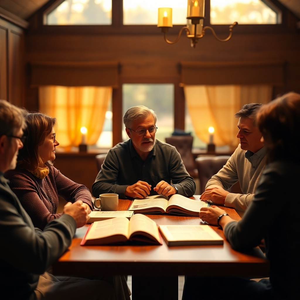 A photorealistic image of a small group of people sitting around a table in a warmly lit room, engaging in a bible study.  The scene should feel intimate and welcoming, with books and coffee cups visible. The expressions on their faces should convey thoughtful discussion and spiritual connection. High resolution, detailed textures, shallow depth of field.