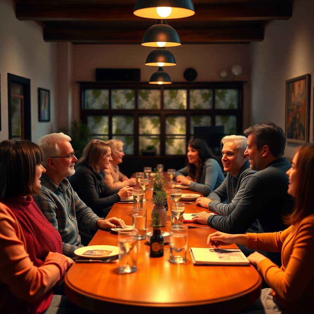 A photorealistic image of a small, intimate group of people gathered around tables in a warmly lit room, engaging in a lively and friendly conversation. The atmosphere should be welcoming and intimate, conveying a sense of connection and fellowship.  Focus on genuine interactions and expressions of warmth.  High-resolution image with soft, natural lighting.