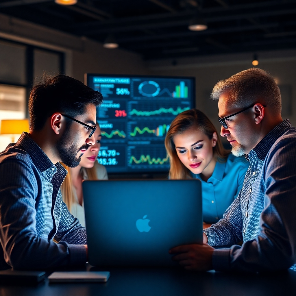 A photorealistic image of a team of marketers huddled around a laptop, analyzing website data and search engine results.  The screen shows graphs and charts related to SEO performance, with keywords highlighted. The atmosphere should be professional and collaborative, suggesting focused analysis and strategic planning.  High resolution, detailed, bright lighting