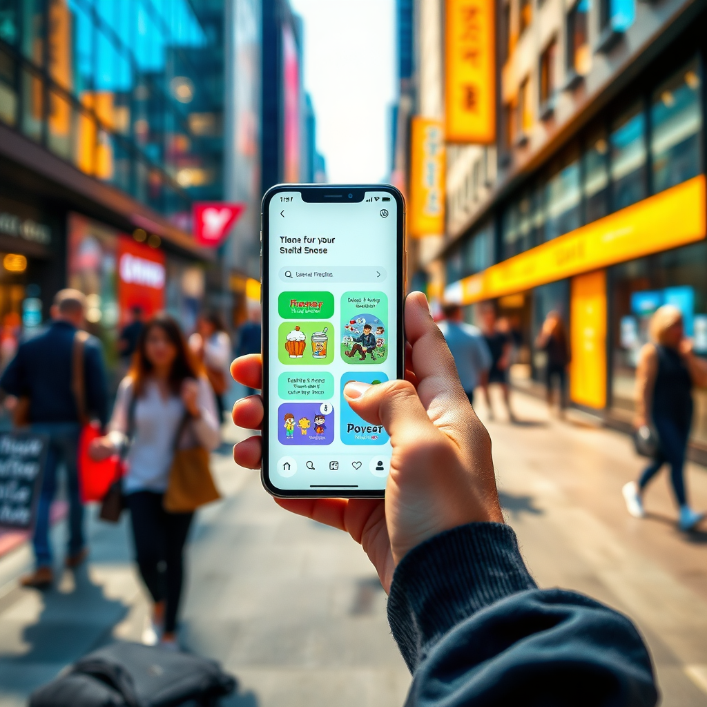 Imagen fotorrealista de un usuario interactuando con una aplicación móvil en un smartphone. La aplicación presenta una interfaz intuitiva, visuales atractivos y una funcionalidad fluida. El entorno es una calle bulliciosa con gente en movimiento. La iluminación debe ser brillante y vibrante, reflejando la energía de la ciudad. La paleta de colores debe ser moderna y alegre, con tonos de azul, verde y naranja para transmitir innovación y creatividad. El ángulo de la cámara debe ser un primer plano, enfatizando la pantalla del smartphone y la interacción del usuario. Las texturas deben ser muy detalladas, resaltando la elegancia del smartphone y la nitidez del diseño de la aplicación. Las referencias de estilo incluyen presentaciones de aplicaciones móviles y fotografías de stock centradas en la tecnología y la innovación. Especificaciones técnicas: Resolución 4K, alta calidad.