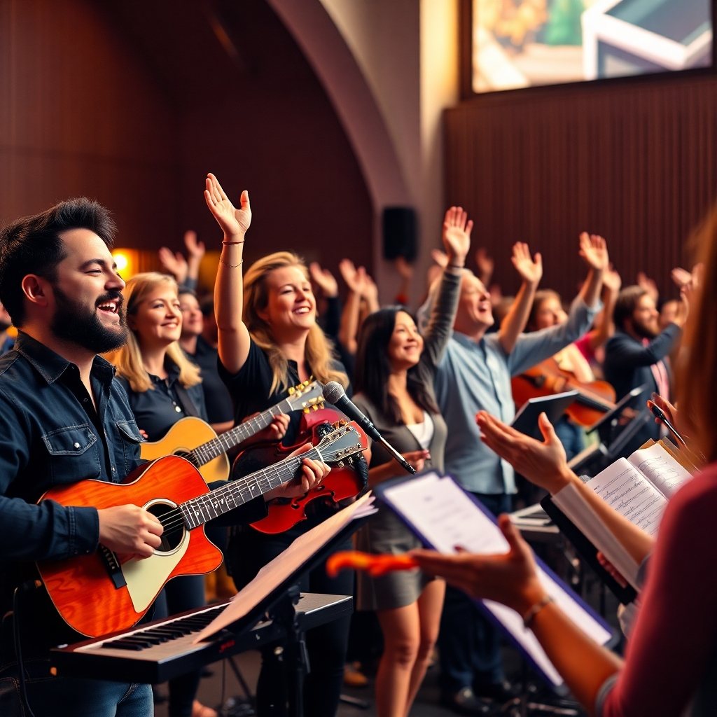 A photorealistic image of a vibrant and joyful worship service in a modern church.  The focus should be on a group of people playing various musical instruments, such as guitars, keyboards, drums, and violins, while others are singing passionately with their hands raised in worship.  The lighting should be warm and inviting, highlighting the joyful expression on the faces of the musicians and singers. The style should be contemporary and uplifting.