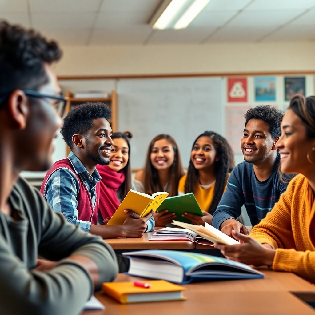 A photorealistic image of a vibrant classroom setting. Show diverse students actively engaged in a lesson with an enthusiastic instructor. Include details like whiteboards, books, and stimulating visuals.  Warm lighting, professional camera angle, detailed expressions, 8K resolution.