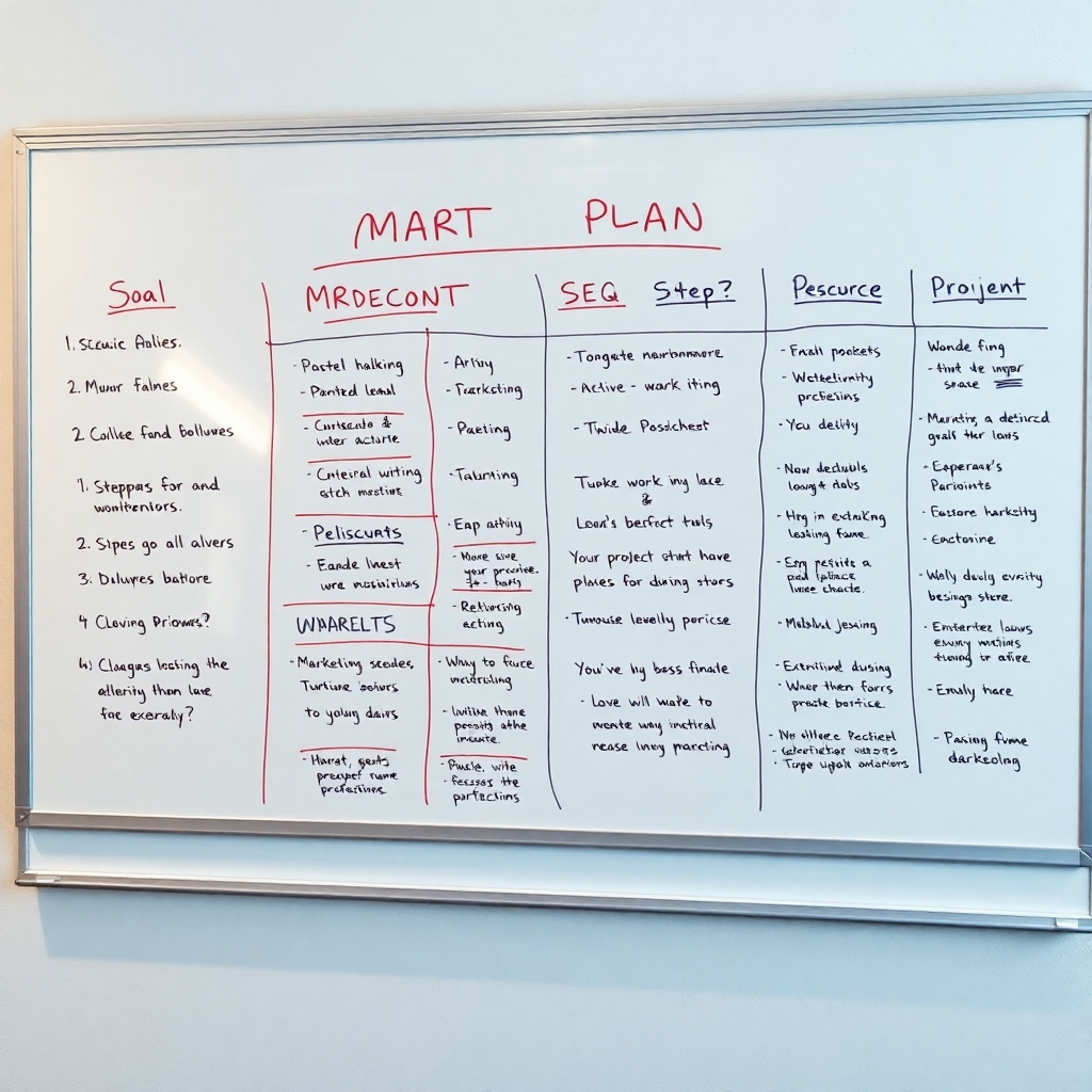 A photorealistic image of a whiteboard covered in a detailed, colorful project plan. The plan visually represents a clear path to achieving marketing goals using the SMART methodology. Each step is clearly defined with timelines and metrics. The image should convey organization and clarity.
