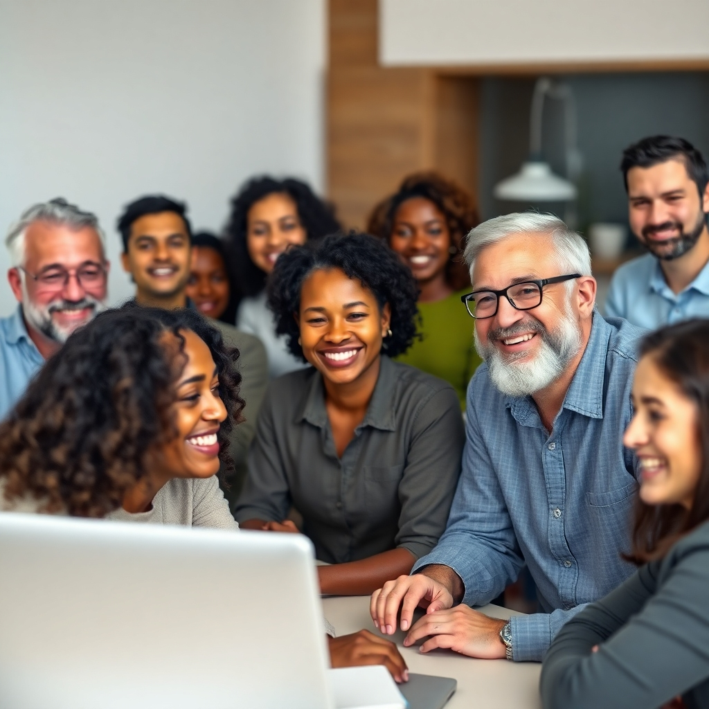 Una imagen fotorrealista de personas diversas, de diferentes edades y orígenes, participando en un animado foro de discusión en línea. La imagen debe mostrar rostros sonrientes, participación activa y un sentido de comunidad. El fondo debe sugerir sutilmente un entorno de reunión virtual.