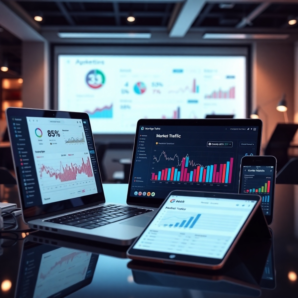 Una imagen fotorrealista de dispositivos interconectados, como una computadora portátil, un teléfono móvil y una tableta, que muestra varios paneles de control y análisis de marketing que muestran el tráfico exitoso del sitio web y las tasas de conversión, lo que indica estrategias de marketing digital efectivas. El fondo debe ser un entorno de oficina moderno y centrado en la tecnología.
