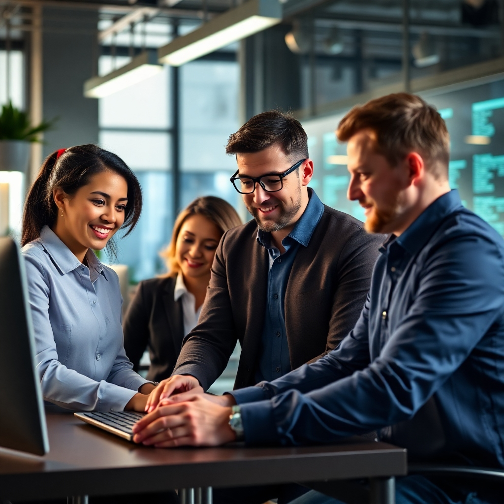 Una imagen fotorrealista de los miembros del equipo de la empresa trabajando juntos en un entorno colaborativo y productivo. La imagen debe transmitir una sensación de trabajo en equipo, profesionalismo e innovación. Alta calidad (4K).