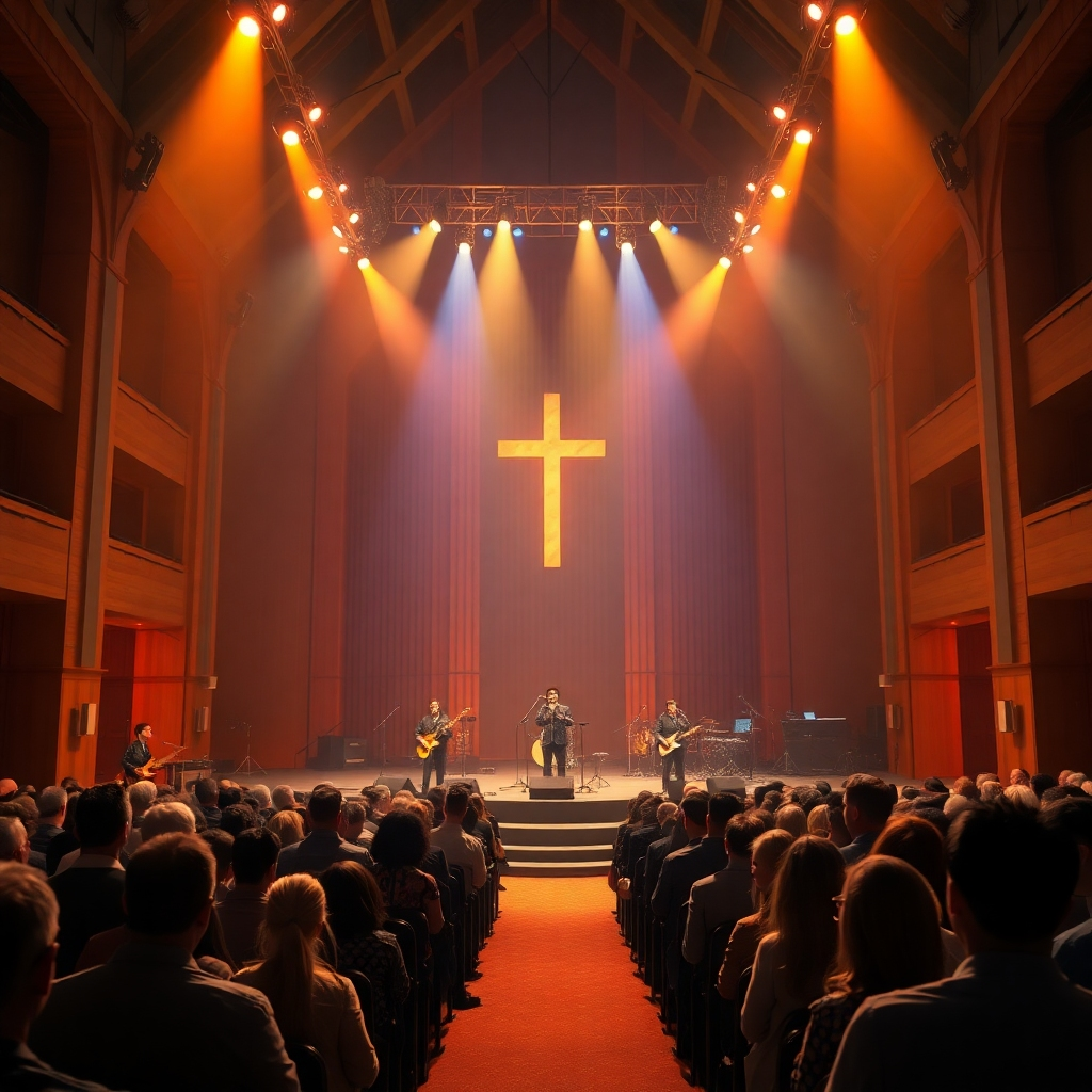 A photorealistic image rendered in 8K resolution, with a cinematic lighting style, showcasing a professional sound and lighting setup at a church event. The scene is set in a large church hall, with a stage at the front. The lighting is dramatic, using spotlights to highlight the performers and specific areas of the hall while keeping a warm and inviting ambiance. The color palette is rich and deep, with warm amber and deep blue tones highlighting the sophistication of the event. The camera angle is slightly elevated, looking down at the stage and the audience, creating a dynamic perspective. The stage is elegantly designed with professional lighting equipment, including spotlights, LED panels, and haze machines, subtly integrated into the church’s design. The sound equipment is neatly arranged, including professional microphones, speakers, and mixing consoles, emphasizing both clarity and precision of the technology.  The image features a diverse group of people in the audience, enjoying the performance, suggesting a lively and engaging atmosphere. The style should be inspired by the work of renowned concert photographers, capturing both the energy and the technical aspects of a high-quality performance.  The image must focus on the quality and precision of the lighting and sound equipment and its impact on creating an amazing experience for both performers and attendees.