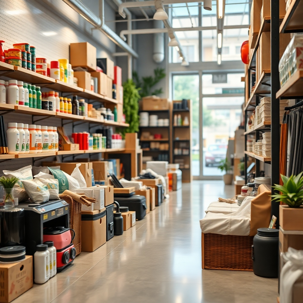 Una imagen fotorrealista que muestra una amplia variedad de productos de forma visualmente atractiva y organizada, con un enfoque en la fotografía de productos de alta calidad. Alta calidad (4K).