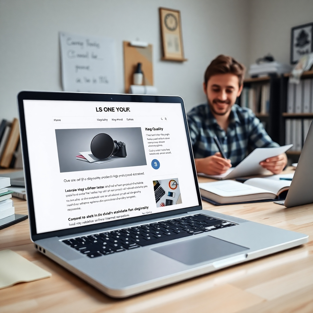 Una imagen fotorrealista que muestra una computadora portátil limpia y moderna que muestra una publicación de blog bien diseñada sobre un producto específico, con fotos de productos de alta calidad y un texto atractivo. En el fondo, una persona trabaja felizmente en otro contenido relacionado, rodeada de libros y notas, lo que sugiere un espacio de trabajo dedicado y organizado.